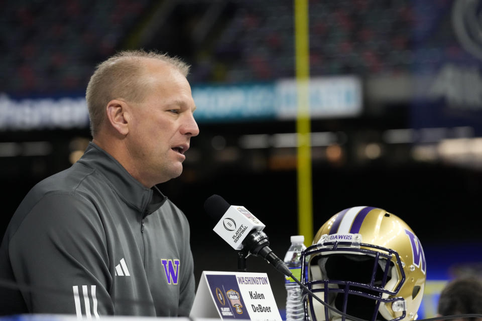 Washington head coach Kalen DeBoer speaks during media day for the the upcoming Sugar Bowl NCAA CFP college football semi-final game against Washington in New Orleans, Saturday, Dec. 30, 2023. (AP Photo/Gerald Herbert)