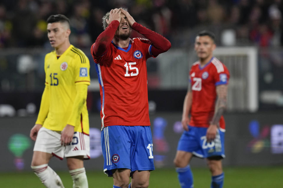 Chile's Diego Valdes reacts during a qualifying soccer match against Colombia for the FIFA World Cup 2026 at Monumental stadium in Santiago, Chile, Tuesday, Sept. 12, 2023. (AP Photo/Esteban Felix)