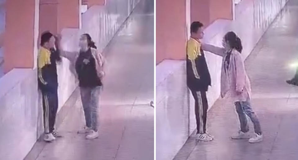 The boy's mother attacked her son in the corridor after she was called into the school when he was caught playing cards in the classroom. Source: Weibo