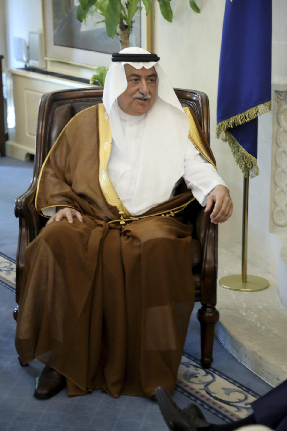 Saudi Foreign Minister Ibrahim Bin Abdulaziz Al-Assaf talks with Cyprus' president Nicos Anastasiades during their meeting at the presidential palace in capital Nicosia, Cyprus, Wednesday Sept. 11, 2019. (AP Photo/Petros Karadjias)