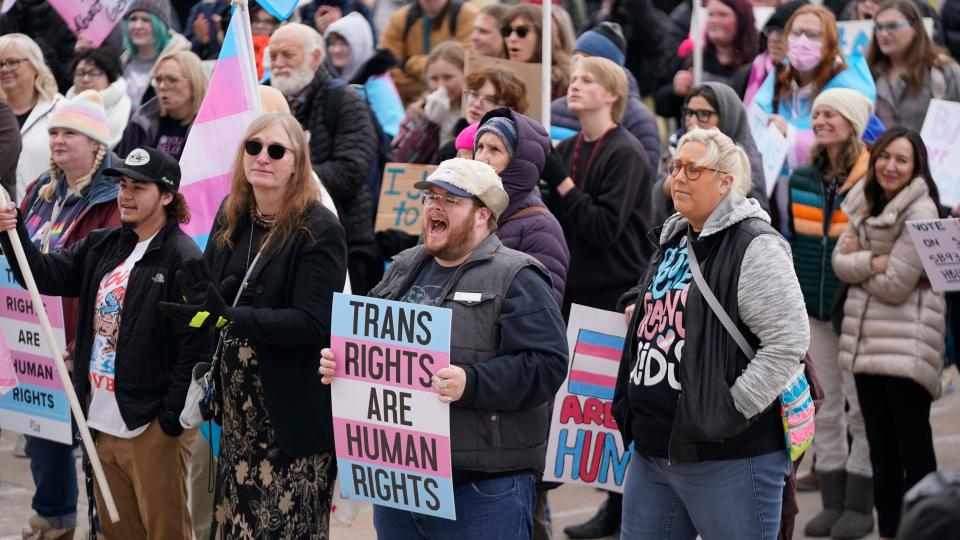 People gather in support of transgender youth during a rally at the Utah State Capitol Jan. 24 in Salt Lake City.