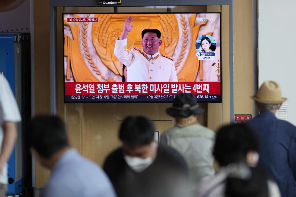 A TV screen showing a news program reporting about North Korea's missile launch with a file footage of North Korean leader Kim Jong Un, is seen at the Seoul Railway Station in Seoul, South Korea, Wednesday, Aug. 17, 2022. South Korean President Yoon Suk Yeol said Wednesday his government has no plans to pursue its own nuclear deterrent in the face of growing North Korean nuclear weapons capabilities, even as the North fired two suspected cruise missiles toward the sea in the latest display of an expanding arsenal. (AP Photo/Lee Jin-man)