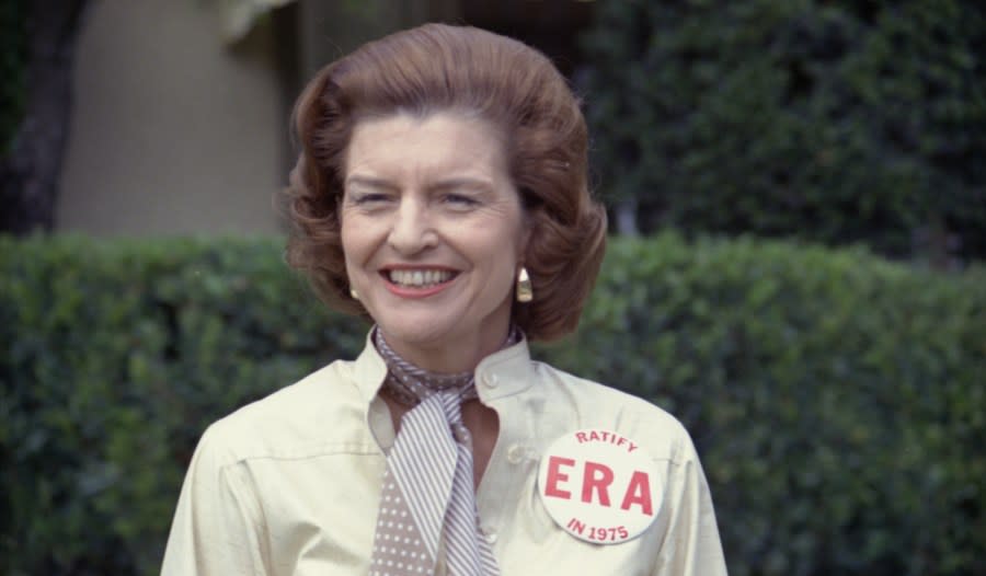 A 1975 photo shows First Lady Betty Ford sporting a button expressing her support for the ratification of the Equal Rights Amendment. (Courtesy Gerald R. Ford Presidential Library & Museum)