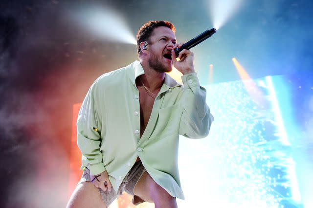 <p>Matthew Baker/Getty</p> Dan Reynolds performing with Imagine Dragons in August 2023.