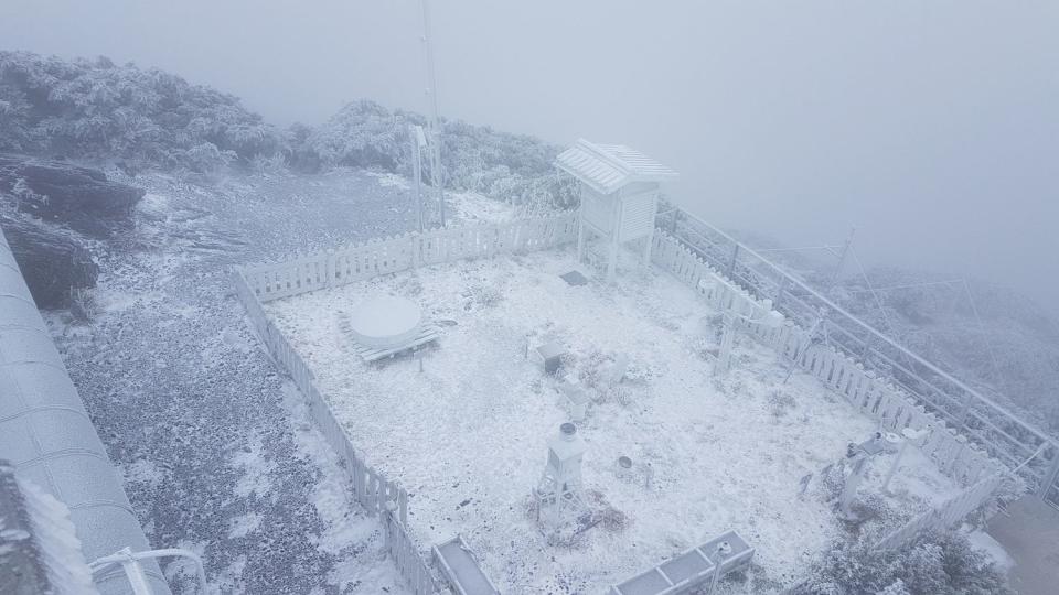 受到大陸冷氣團南下影響，週末濕冷，若水氣溫度配合，3000公尺以上的高山有機會降雪。圖為玉山測站的雪況。 (資料照片)   圖：中央氣象局/提供 