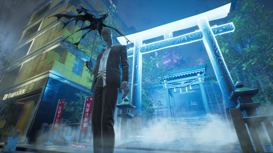 A slender monster in a suit and broken umbrella against a Japanese shrine in Ghostwire: Tokyo