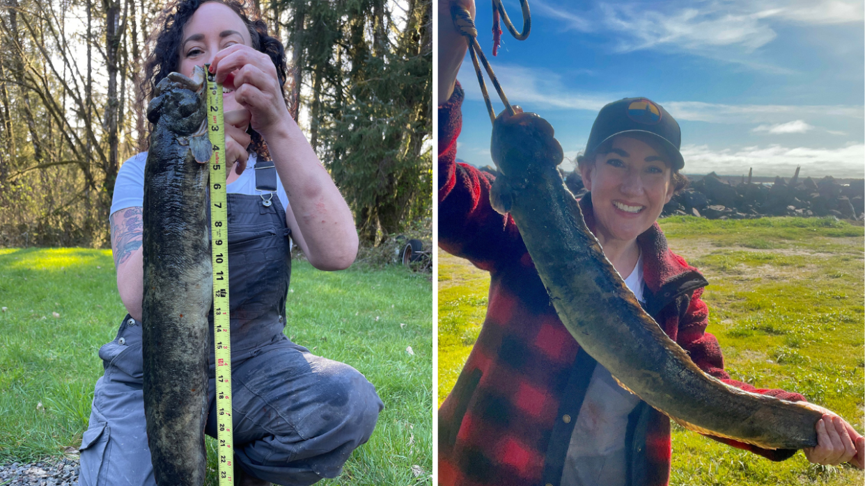 Split images of woman smiling and holding fish