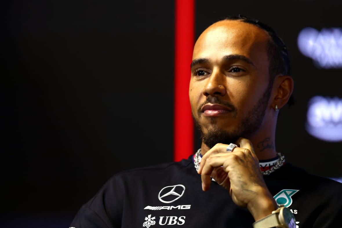 Lewis Hamilton of Great Britain and Mercedes attends the Drivers Press Conference during previews ahead of the F1 Grand Prix of Saudi Arabia at Jeddah Corniche Circuit on March 16, 2023 in Jeddah, Saudi Arabia. (Photo by Bryn Lennon/Getty Images)