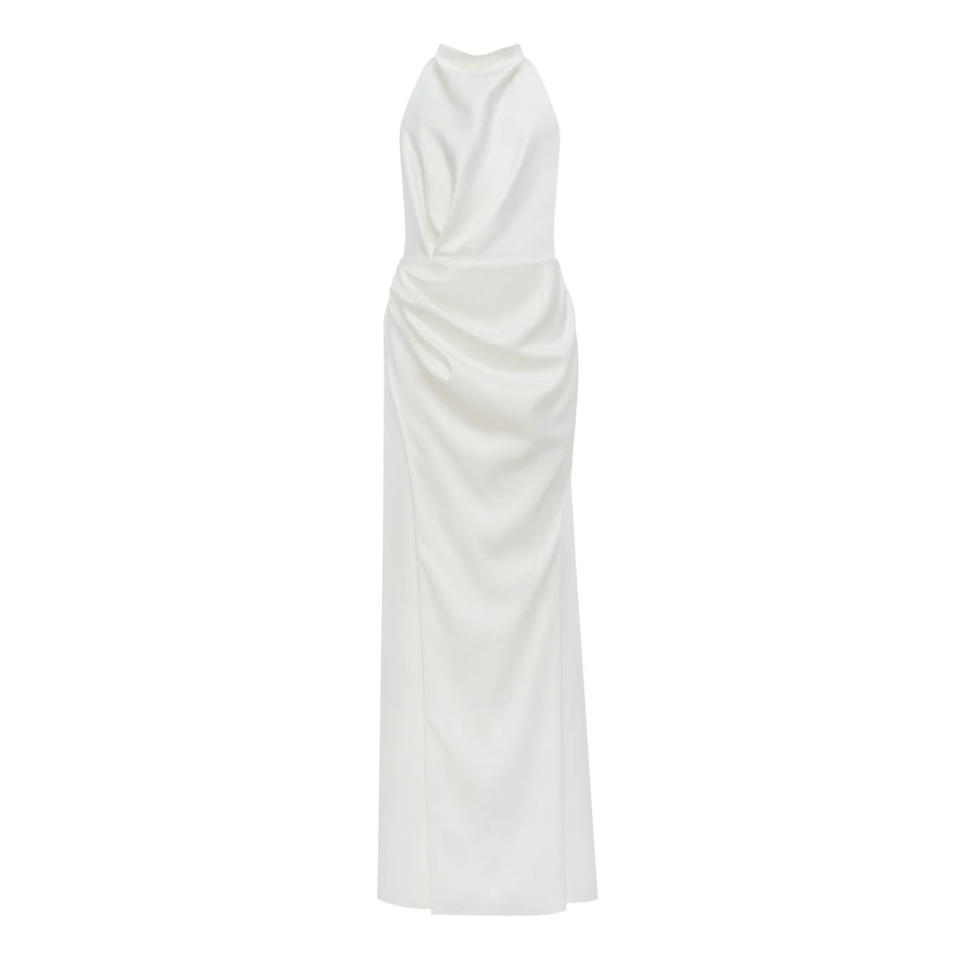 Milla Bridal Shower Dresses: White Mock Neck Sleeveless Low Slit Dress