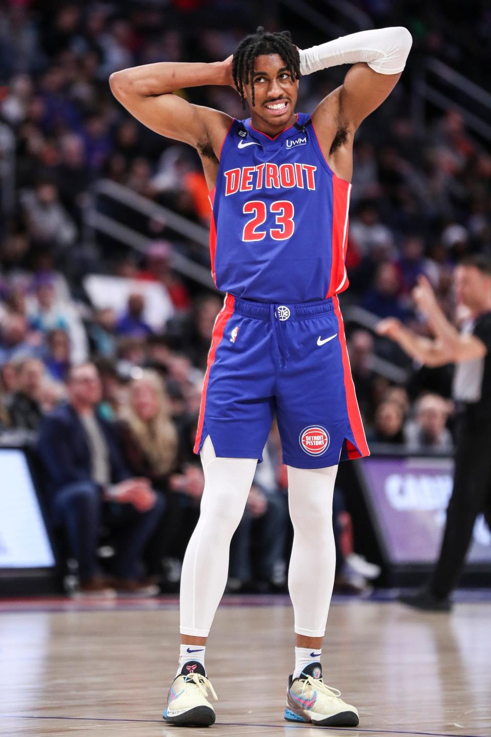 Jaden Ivey reacts to a play during the 113-103 loss against the Hornets on Thursday at Little Caesars Arena.