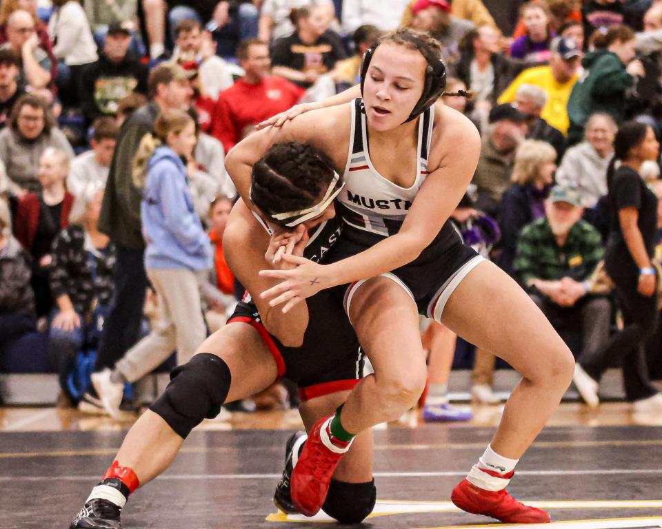 Angel Upright (South Western) wrestles Kaleia Timko (JP McCaskey) in a 136 lb. match. The District 3 girls' wrestling Southeast Regional Championships were held on Saturday, March 2, 2024, at Penn Manor High School.