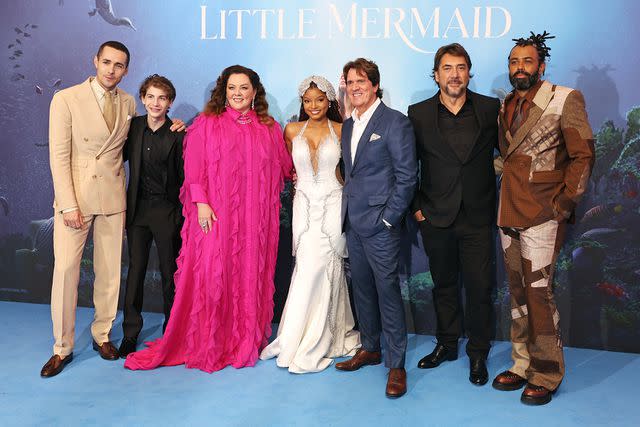 <p>Hoda Davaine/Dave Benett/WireImage</p> From left: Jonah Hauer-King, Jacob Tremblay, Melissa McCarthy, Halle Bailey, Rob Marshall, Javier Bardem and Daveed Diggs in May 2023.