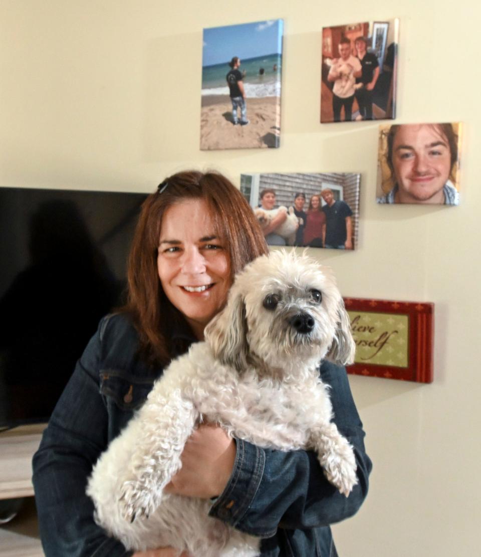 Jill Maiorana, in her North Falmouth home, is trying to warn people of synthetic opioids like N-pyrrolidino etonitazene, 20 times more potent than fentanyl, which killed her 18-year-old son.