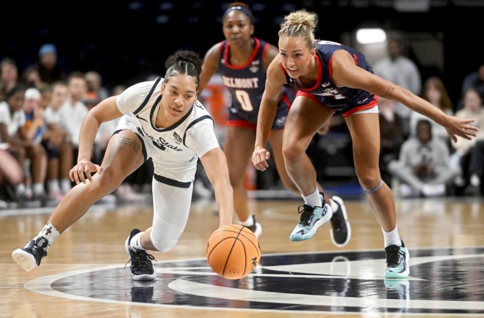 Penn State’s Leilani Kapinus dives to recover the ball ahead of Belmont’s Emily La Chapell during the game on Monday, March 25, 2024 at the Bryce Jordan Center. Penn State won, 74-66 to move on in the WBIT.