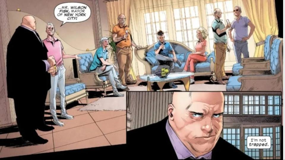 Mayor Fisk meets with his constituents in the pages of Marvel Comics.