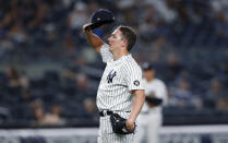 New York Yankees relief pitcher Chad Green pauses after the Boston Red Sox scored during the eighth inning of a baseball game Saturday, June 5, 2021, in New York. (AP Photo/Noah K. Murray)