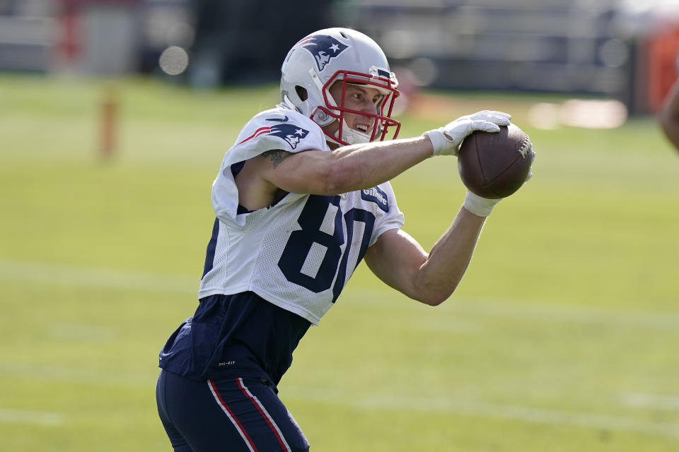 New England Patriots wide receiver Gunner Olszewski makes a catch during an NFL football practice, Wednesday, Oct. 20, 2021, in Foxborough, Mass. (AP Photo/Steven Senne)