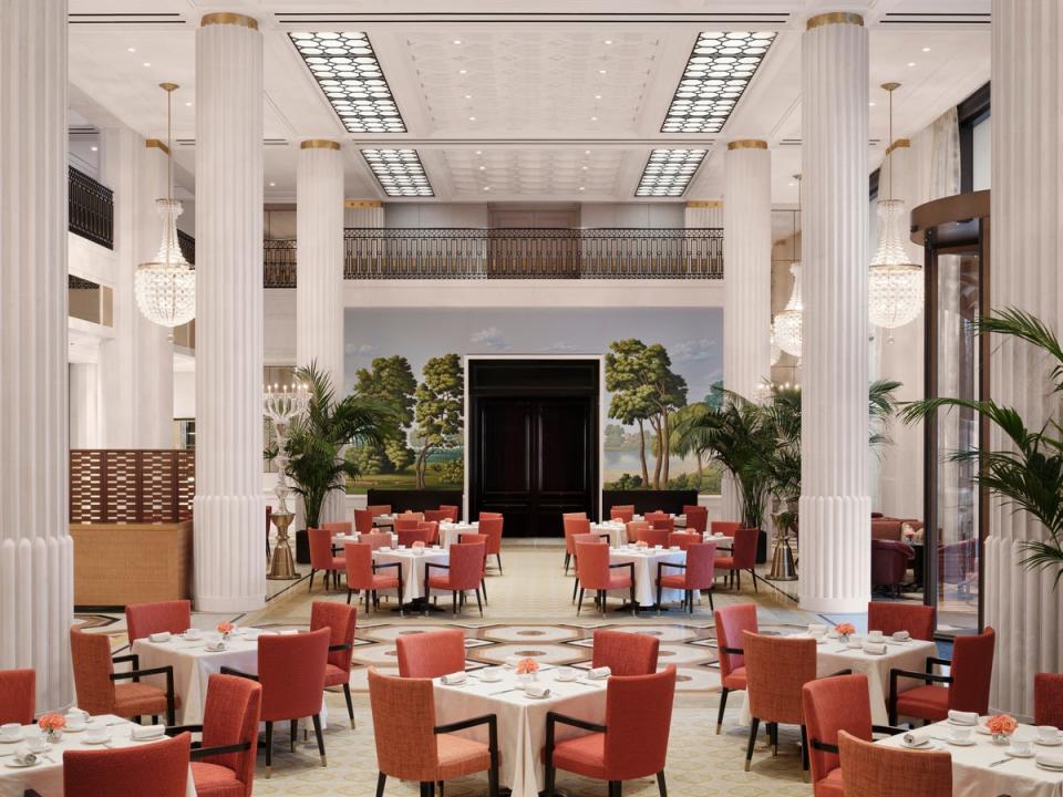 In the columned lobby chandeliers shimmer, a pianist performs and a leafy de Gournay mural reflects the parkside setting (The Peninsula London)