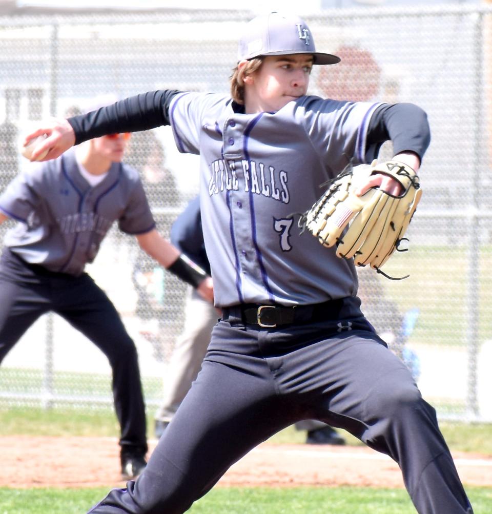 Matt Prestopnik retired the first 11 Central Valley Academy batters during the Little Falls' Mounties' 4-2 victory Friday. Prestopnik and Brayton Langdon combined to allow one hit.