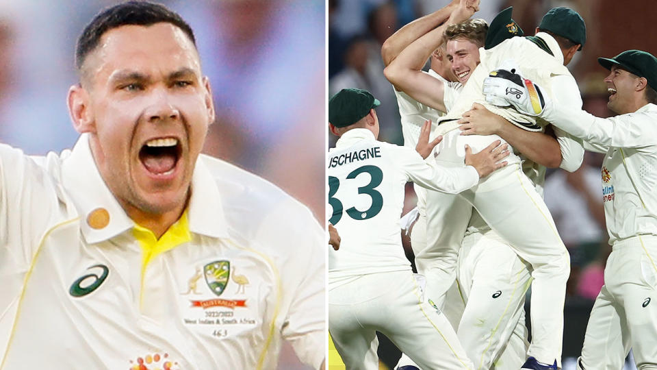 Seen left, Scott Boland roars in delight after taking a wicket against the West Indies.