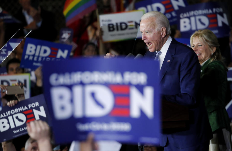 With his wife Jill at his side Democratic U.S. presidential candidate and former Vice President Joe Biden addresses supporters at his Super Tuesday night rally in Los Angeles, California, March 3, 2020. (Photo: Mike Blake / Reuters)