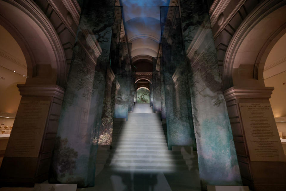 A projection of trees on the walls of a grand hallway with an illuminated staircase at the center