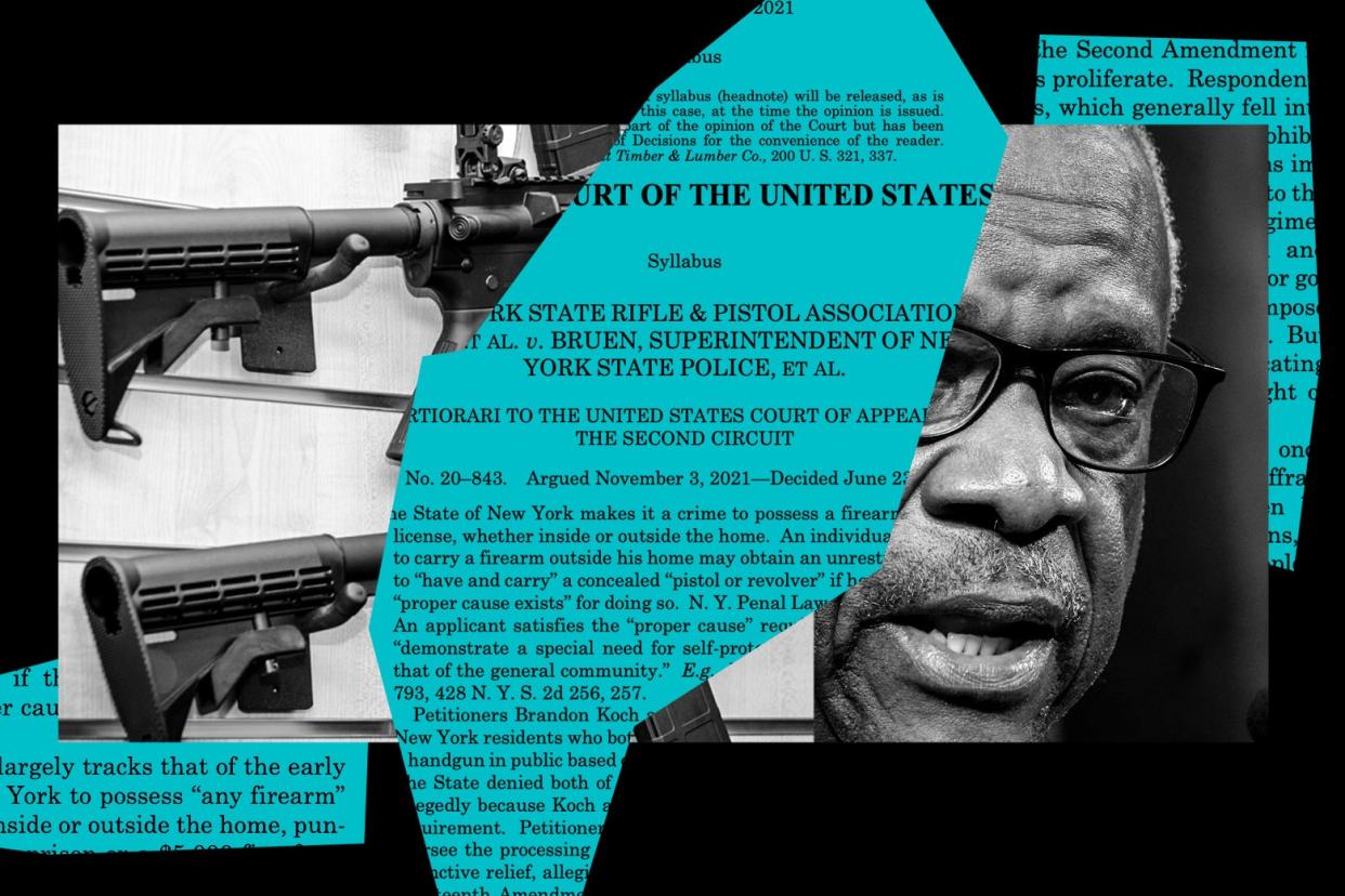 A collage of Clarence Thomas, assault weapons, and the text of Bruen.