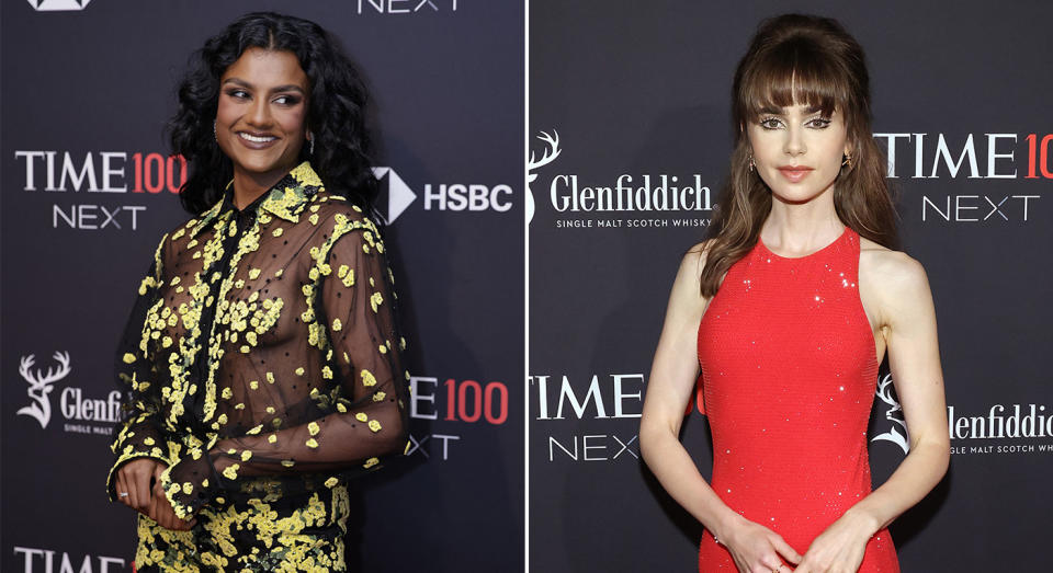 Simone Ashley (L) and Lily Collins (R) on the red carpet for the TIME100 Next Gala in 2022 in New York City. (Getty Images)