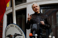 FILE PHOTO: WikiLeaks founder Julian Assange is seen on the balcony of the Ecuadorian Embassy in London, Britain, May 19, 2017. REUTERS/Peter Nicholls/File Photo