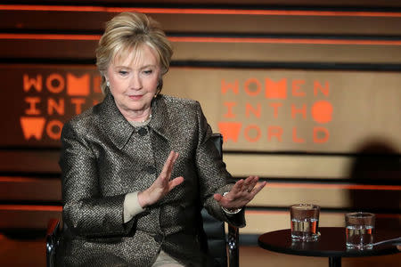 Former U.S. Secretary of State Hillary Clinton appears on stage at the Women in the World Summit in the Manhattan borough of New York, U.S., April 6, 2017. REUTERS/Shannon Stapleton