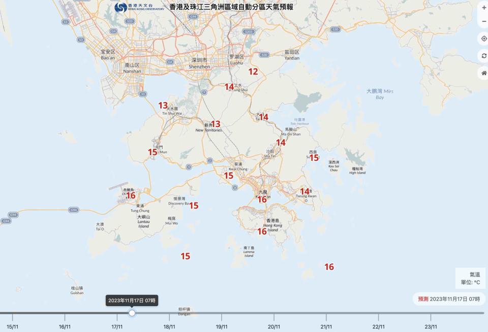 香港及珠江三角洲區域自動分區天氣預報顯示，星期五早上 7 時，全港多區氣溫錄得「1」字頭，新界、天水圍低見 13 度，打鼓嶺僅得 12 度，大埔、沙田及將軍澳亦得 14 度。