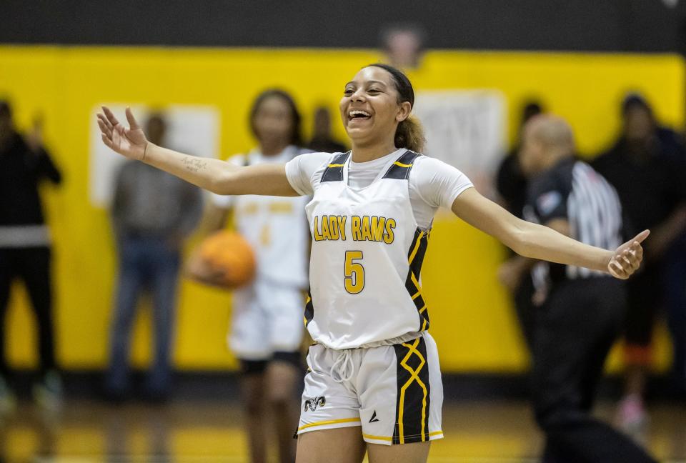 Ram Nautica Bouie celebrates the big win. Rutherford hosted Andrew Jackson High School in the 1-4A Regional semifinals Tuesday, February 15, 2022. The Rams were 62-51 winners over the Tigers.