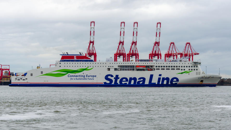 Wallasey, UK: Jun 3, 2020: Stena Edda, a ro-ro passenger ferry, enters the River Mersey as it approaches Birkenhead having sailed from Belfast. It was built in 2020 & sails under the flag of Cyprus.