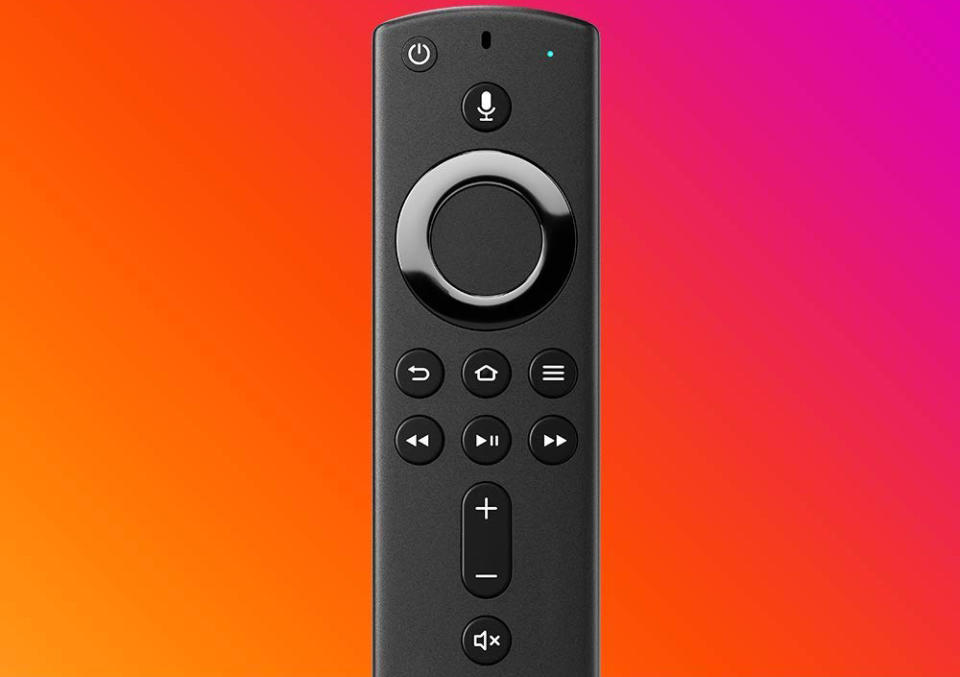 The Fire TV Stick 4K Alexa Voice Remote with a colorful background. - Credit: Amazon