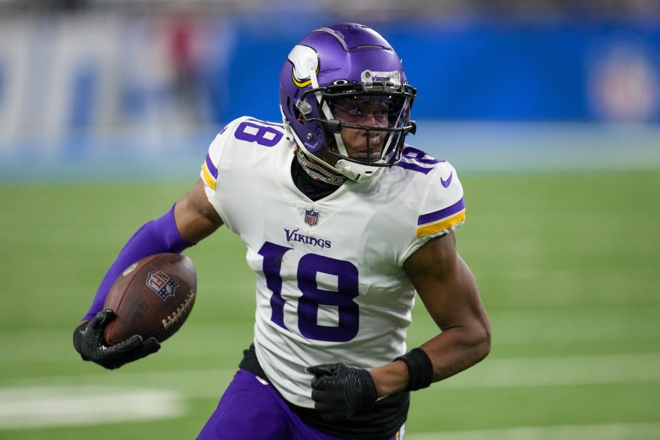 Minnesota Vikings' Justin Jefferson runs during the first half of an NFL football game against the Detroit Lions Sunday, Dec. 11, 2022, in Detroit. (AP Photo/Paul Sancya)