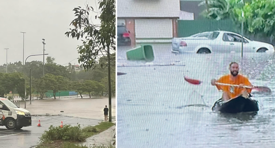 Left, road closed as flood water covers it. Right, a man kayaks down a street. 