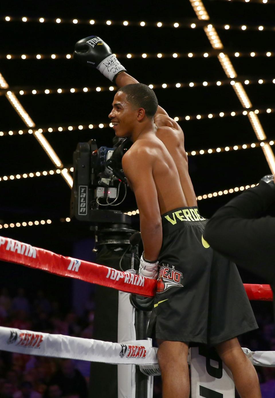 NEW YORK, NY - JANUARY 25: Felix Verdejo celebrates his knockout of Lauro Alcantar in the first round at Madison Square Garden on January 25, 2014 in New York City. (Photo by Elsa/Getty Images)