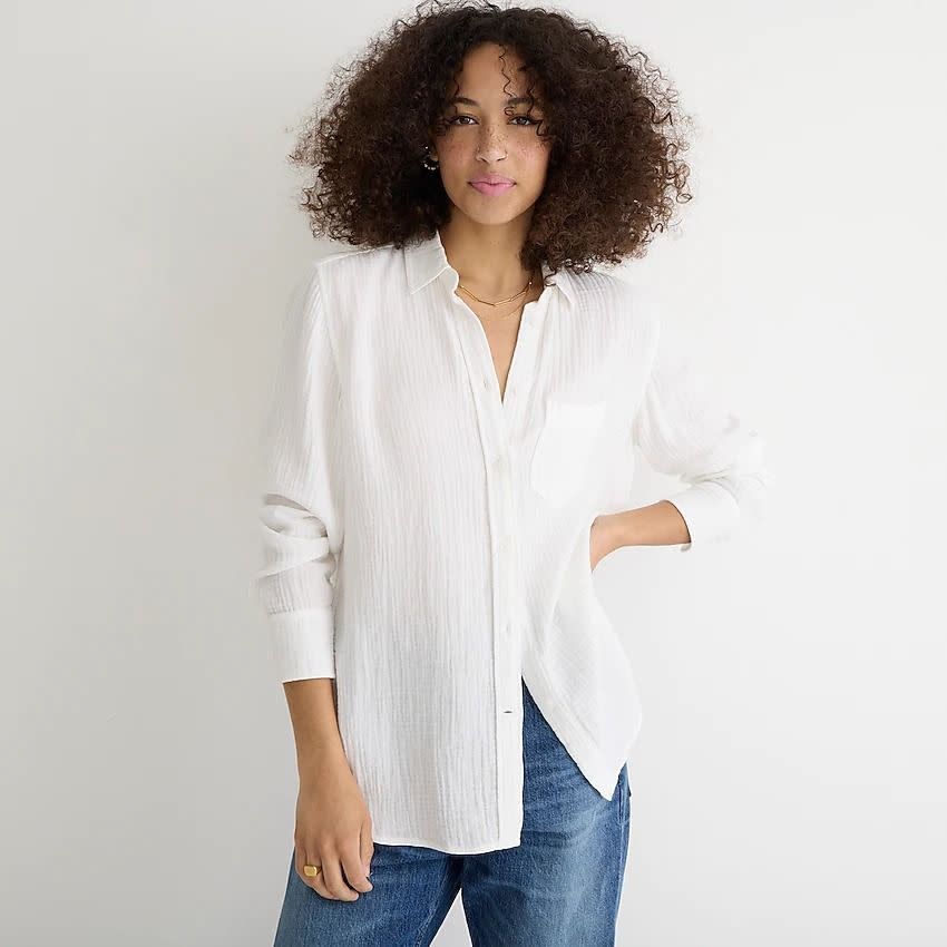 <p><strong>J.Crew</strong></p><p><strong>$69.50</strong></p><p><a href="https://go.redirectingat.com?id=74968X1596630&url=https%3A%2F%2Fwww.jcrew.com%2Fm%2Fwomens%2Fcategories%2Fclothing%2Fshirts-and-tops%2Fclassic-fit-soft-gauze-shirt%2FMP900%3Fdisplay%3Dstandard%26fit%3DClassic%26color_name%3Dwhite%26colorProductCode%3DAW686&sref=https%3A%2F%2Fwww.oprahdaily.com%2Fstyle%2Fg43232985%2Fbutton-down-shirts-for-women%2F" rel="nofollow noopener" target="_blank" data-ylk="slk:Shop Now;elm:context_link;itc:0" class="link ">Shop Now</a></p><p>If you’re craving that relaxed, I’m-just-throwing-this-over-my-<a href="https://www.oprahdaily.com/style/g39817620/best-tummy-control-swimsuits/" rel="nofollow noopener" target="_blank" data-ylk="slk:swimsuit;elm:context_link;itc:0" class="link ">swimsuit</a> look, this is the button-down for you. Made from soft 100 percent cotton in a lightweight gauze (that’s meant to mimic linen), it’s beautifully comfortable dressed both up and down.</p>