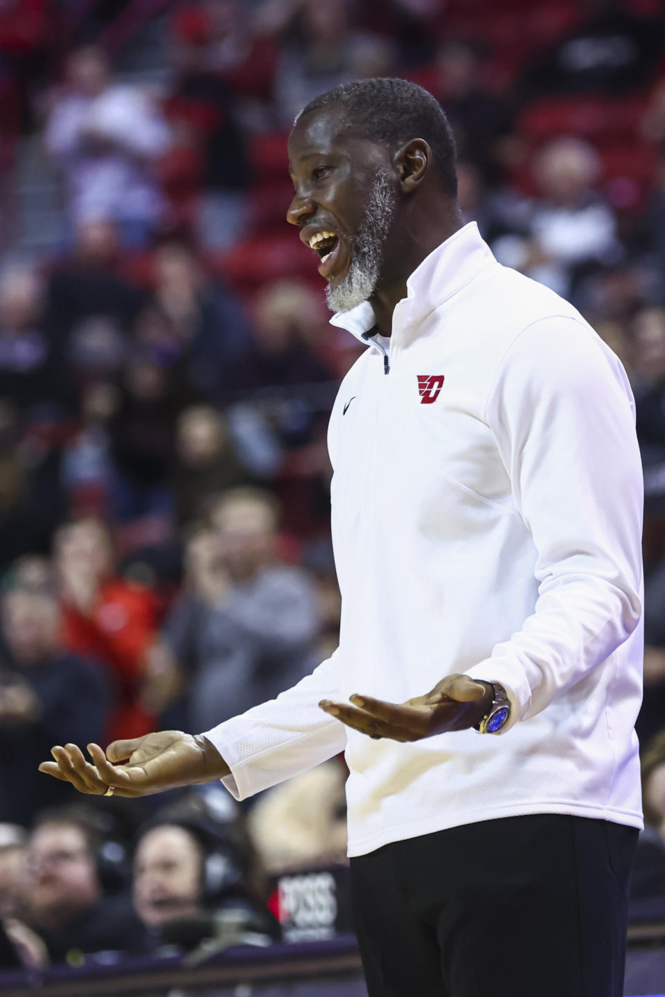 Dayton coach Anthony Grant reacts after a call during the second half of the team's NCAA college basketball game against UNLV on Tuesday, Nov. 15, 2022, in Las Vegas. (AP Photo/Chase Stevens)