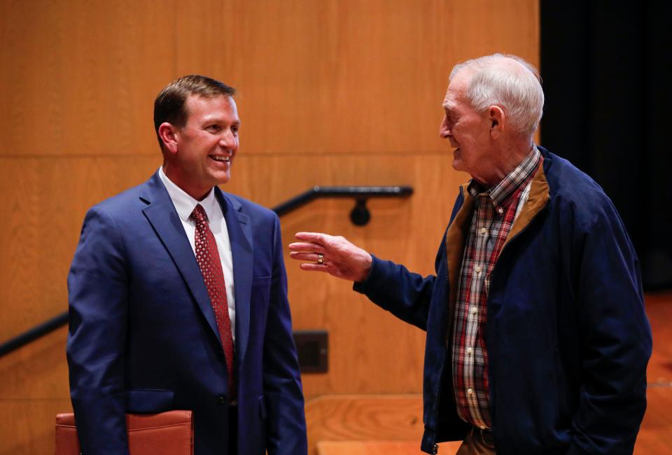 Former Missouri State athletics director and baseball coach Bill Rowe talks with university president job finalist Richard "Biff" Williams at a forum in the Plaster Student Union auditorium on Thursday, Feb. 15, 2024.