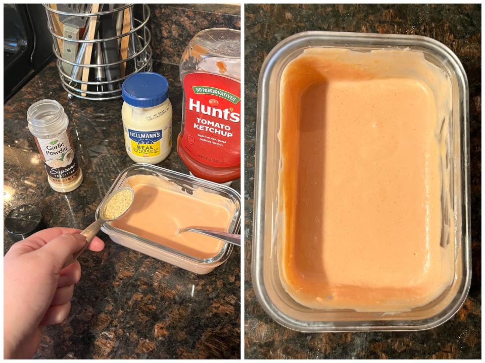 Putting garlic powder into mayo-ketchup