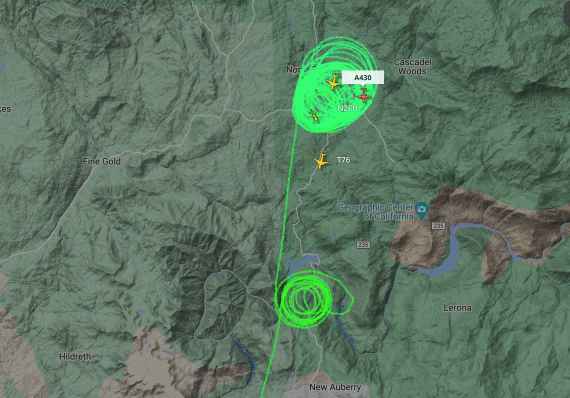 The flight path of a U.S. Forest Service aircraft appears to circle wildfires occurring around Kerckhoff Lake near Auberry and near North Fork around 4:30 p.m. Wednesday, Sept. 7, 2022. Flightradar24/Special to The Bee