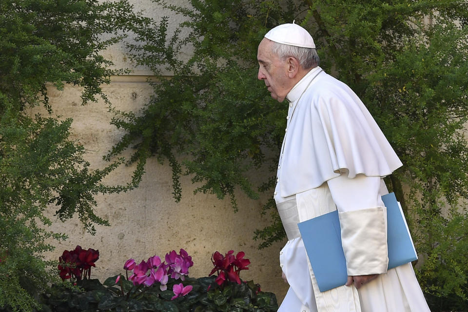 Pope Francis arrives for the opening of a sex abuse prevention summit, at the Vatican, Thursday, Feb. 21, 2019. The gathering of church leaders from around the globe is taking place amid intense scrutiny of the Catholic Church's record after new allegations of abuse and cover-up last year sparked a credibility crisis for the hierarchy. (Vincenzo Pinto/Pool Photo via AP)