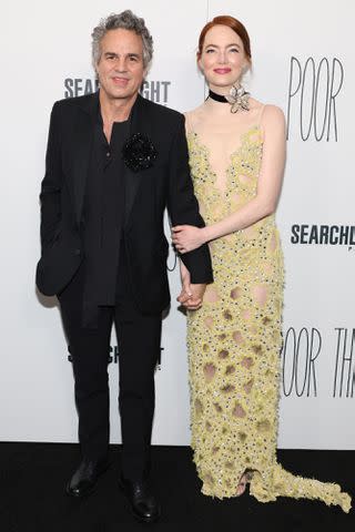 <p>Cindy Ord/WireImage</p> Mark Ruffalo and Emma Stone at the premiere of 'Poor Things' in New York City