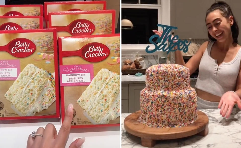 L: Boxes of Betty Crocker cake mix. R: The bride with her finished wedding cake