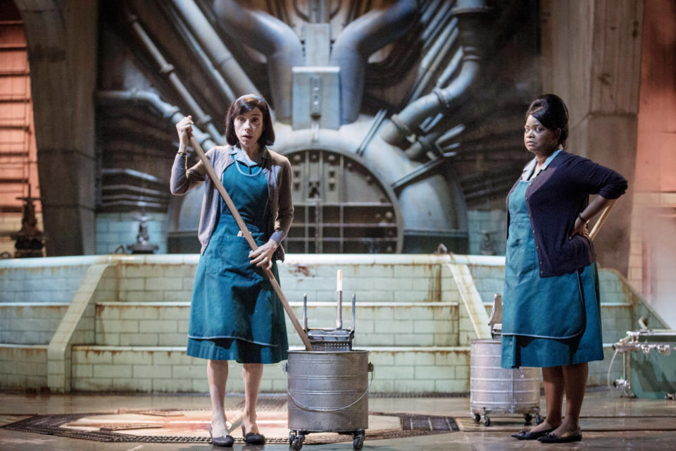 Sally Hawkins and Octavia Spencer clean the floor