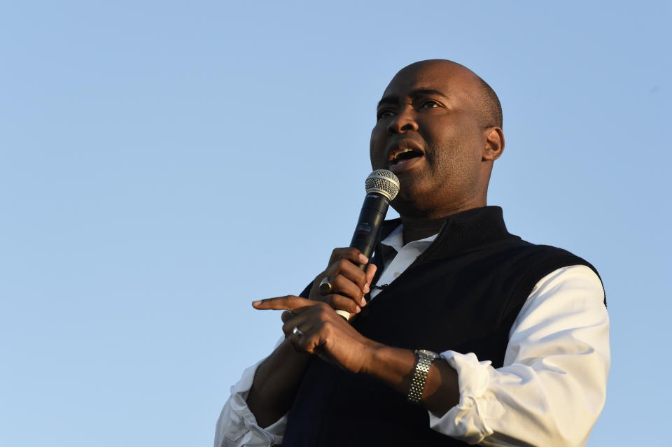 FILE - In this Oct. 17, 2020, file photo then-Democratic U.S. Senate candidate Jaime Harrison speaks at a campaign rally in North Charleston, S.C. Harrison, the failed South Carolina Senate candidate and longtime Democratic Party official, is President-elect Joe Biden’s choice to lead the national party, according to multiple party officials. (AP Photo/Meg Kinnard, File)