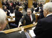 <p>Virginia Gov. Tim Kaine shakes the hand of Virginia House speaker William Howell after Kaine delivered his state budget for 2010 before a joint session of the House Appropriations and Senate Finance Committees in Richmond, Va., Dec. 18, 2009. (Photo: Steve Helber/AP)</p>