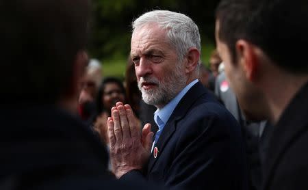 Jeremy Corbyn the leader of Britain's opposition Labour Party gestures during a campaign event in Harlow, Essex, April 27, 2017. REUTERS/Neil Hall