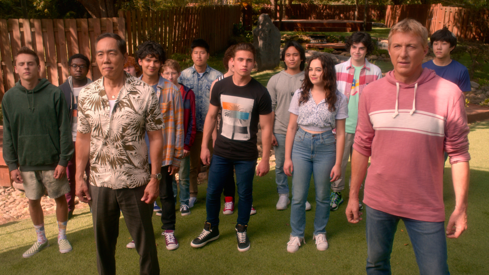 cobra kai l to r jacob bertrand as eli 'hawk' moskowitz, yuji okumoto as chozen toguchi, xolo maridueña as miguel diaz, tanner buchanan as robby keene, mary mouser as samantha larusso, griffin santopietro as anthony larusso, william zabka as johnny lawrence, nathaniel oh as nate in episode 506 of cobra kai cr courtesy of netflix 2022